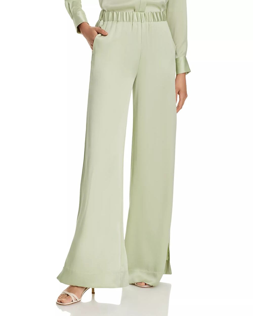 TOCCIN Women Mint Satin Auggie Side Slit Pull On Wide Leg Pants Size S